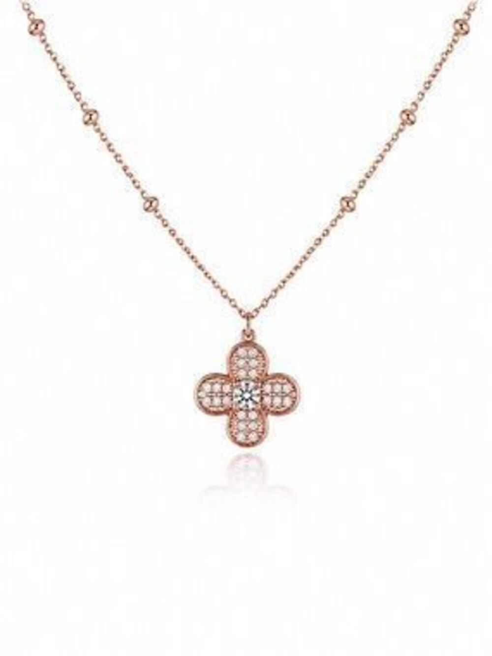 Rose Gold Clover Pendant Necklace with Pav CZ